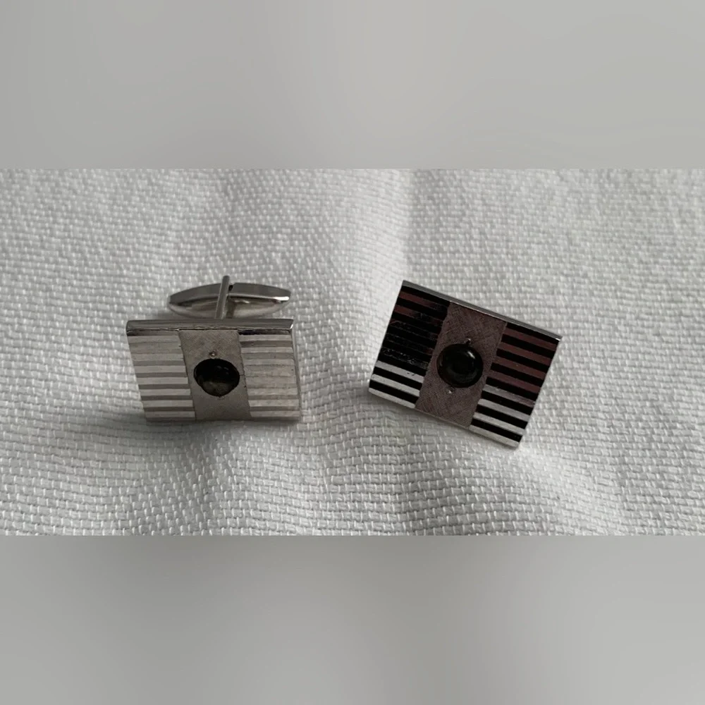 Vintage Silver-Tone Rectangular Cufflinks with Black Center Stone